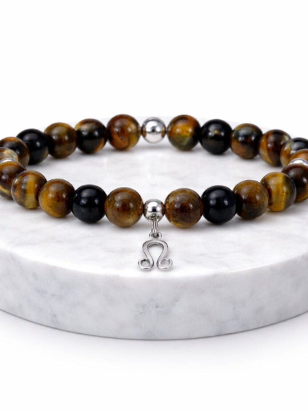 Leo Tiger Eye Black Onyx Bracelet Silver Zodiac Charm Beaded Stretch Jewelry